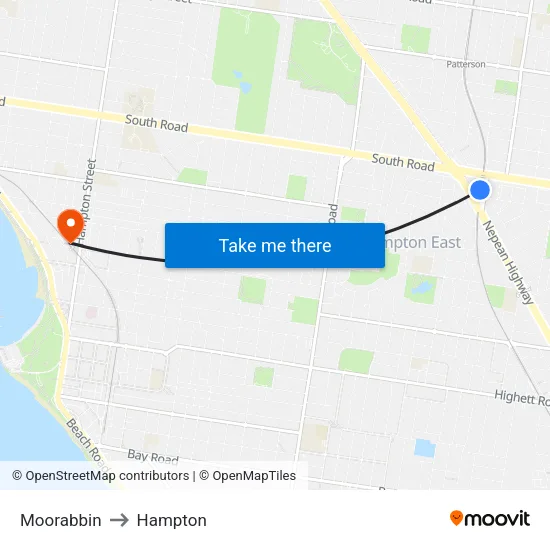 Moorabbin to Hampton map