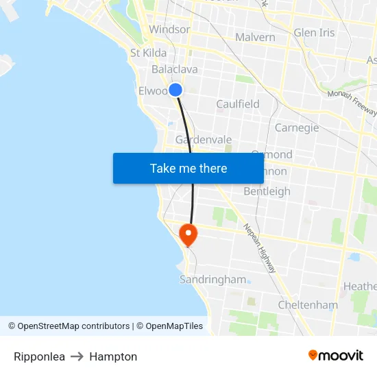 Ripponlea to Hampton map