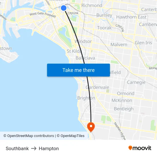 Southbank to Hampton map