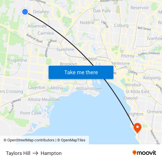 Taylors Hill to Hampton map