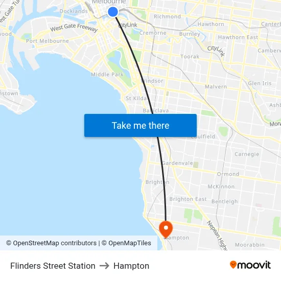 Flinders Street Station to Hampton map