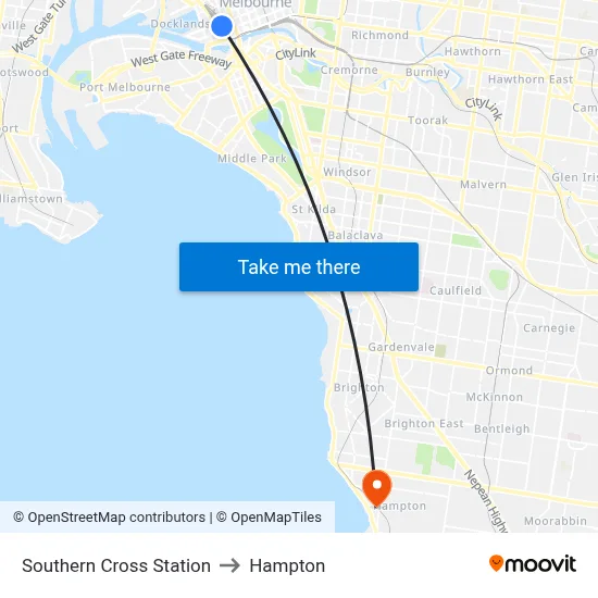 Southern Cross Station to Hampton map