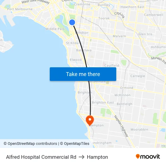 Alfred Hospital Commercial Rd to Hampton map