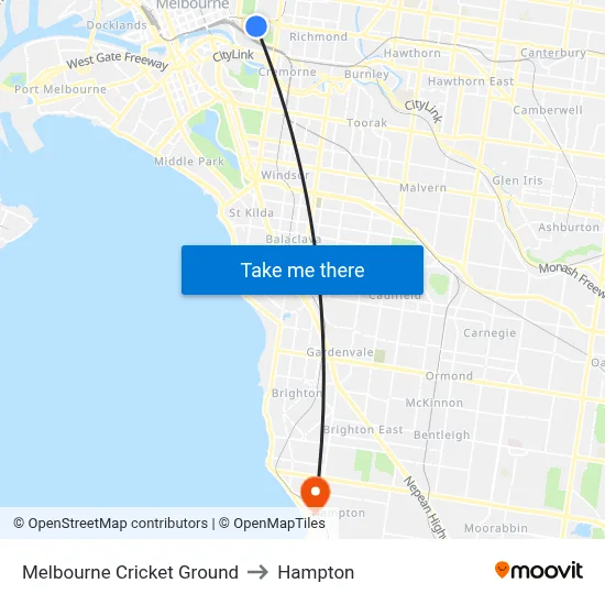Melbourne Cricket Ground to Hampton map