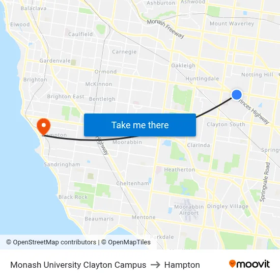 Monash University Clayton Campus to Hampton map