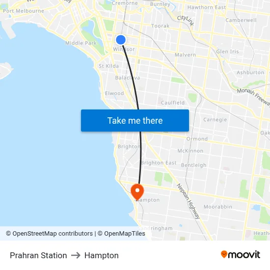 Prahran Station to Hampton map