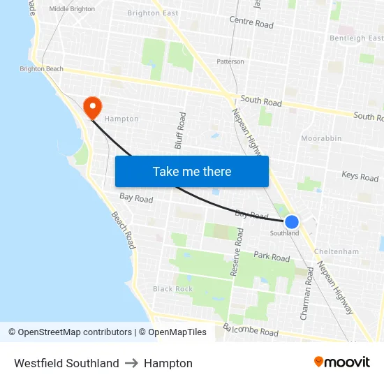 Westfield Southland to Hampton map