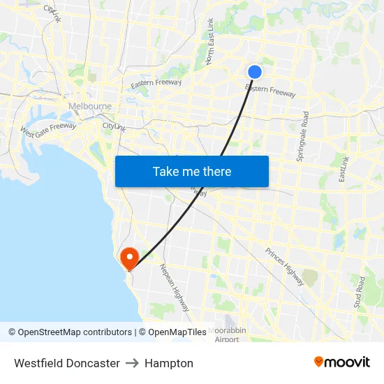 Westfield Doncaster to Hampton map