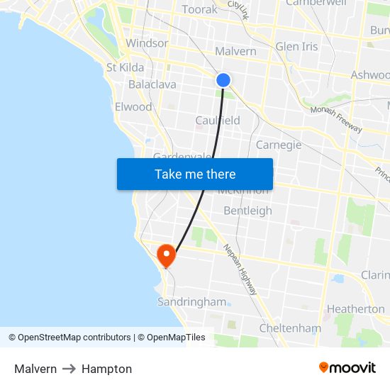 Malvern to Hampton map