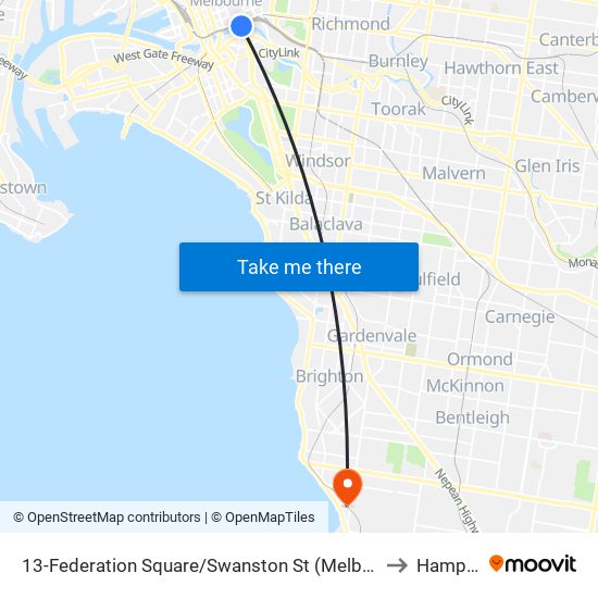 13-Federation Square/Swanston St (Melbourne City) to Hampton map