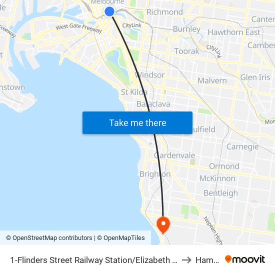 1-Flinders Street Railway Station/Elizabeth St (Melbourne City) to Hampton map