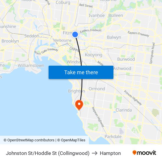 Johnston St/Hoddle St (Collingwood) to Hampton map