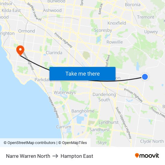 Narre Warren North to Hampton East map