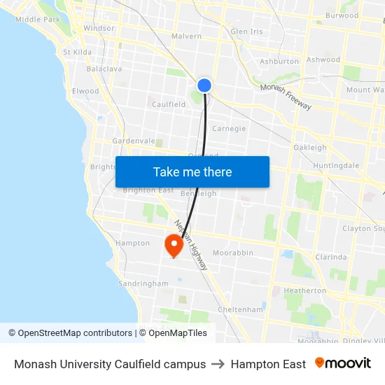 Monash University Caulfield campus to Hampton East map