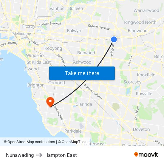 Nunawading to Hampton East map