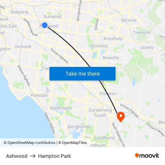 Ashwood to Hampton Park map