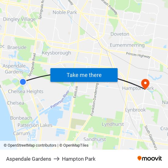 Aspendale Gardens to Hampton Park map