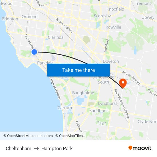 Cheltenham to Hampton Park map