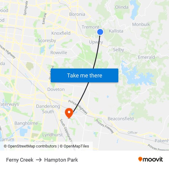 Ferny Creek to Hampton Park map