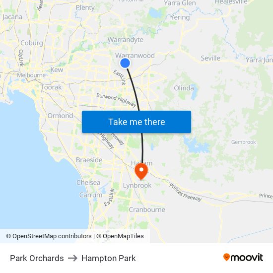 Park Orchards to Hampton Park map