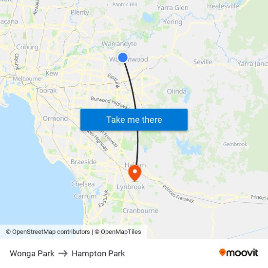 Wonga Park to Hampton Park map