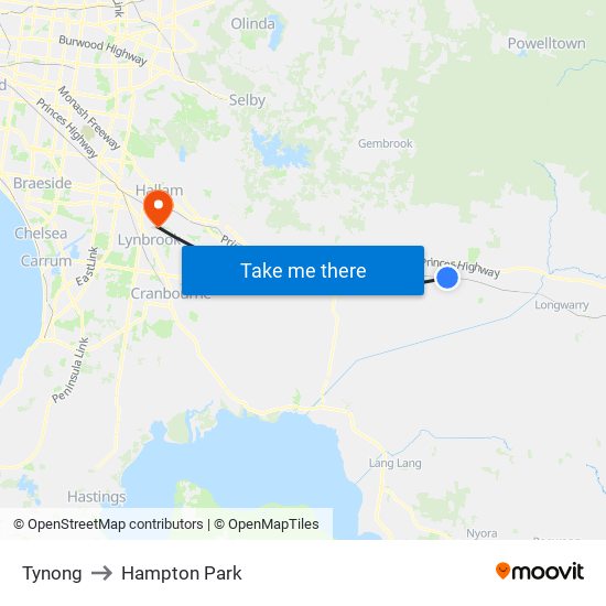 Tynong to Hampton Park map