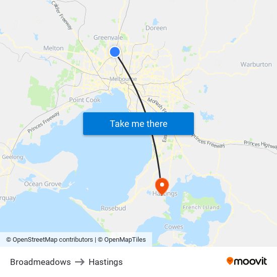 Broadmeadows to Hastings map