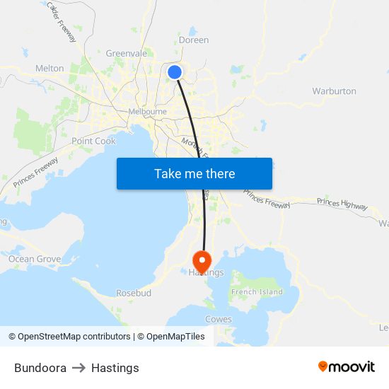 Bundoora to Hastings map