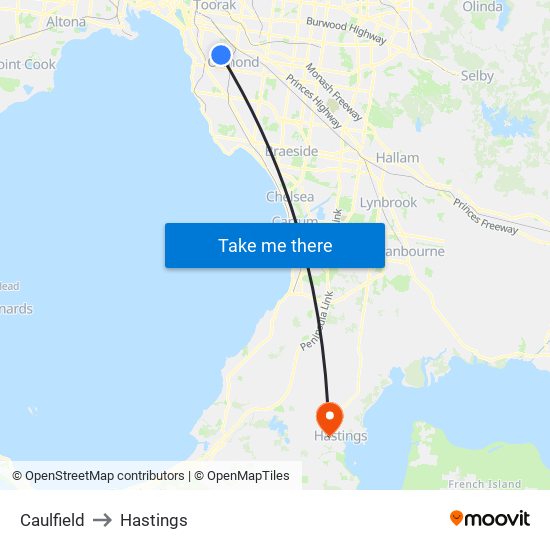 Caulfield to Hastings map