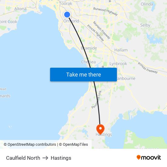 Caulfield North to Hastings map