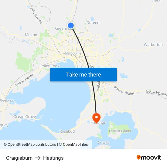 Craigieburn to Hastings map