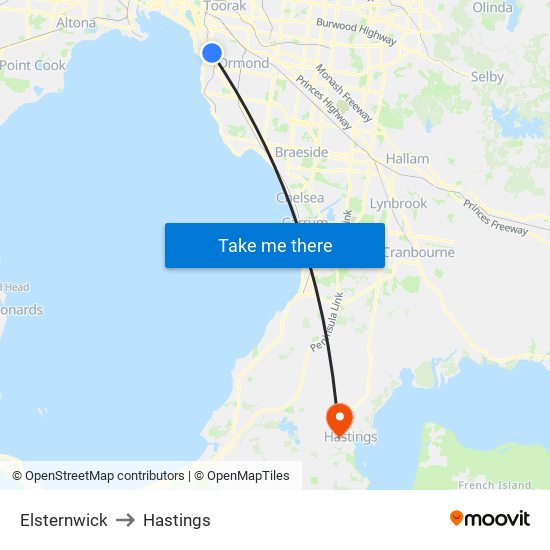 Elsternwick to Hastings map