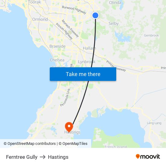 Ferntree Gully to Hastings map