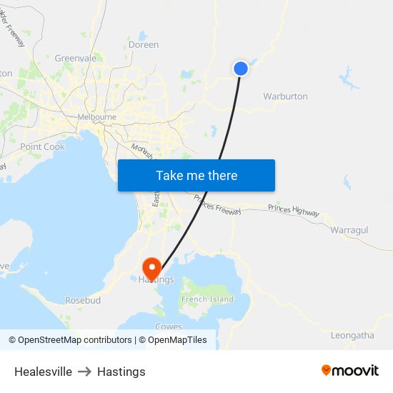 Healesville to Hastings map