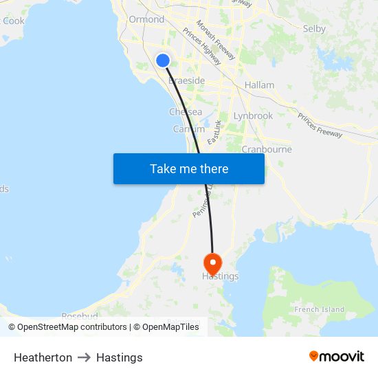 Heatherton to Hastings map