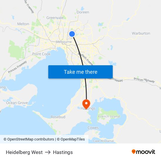 Heidelberg West to Hastings map