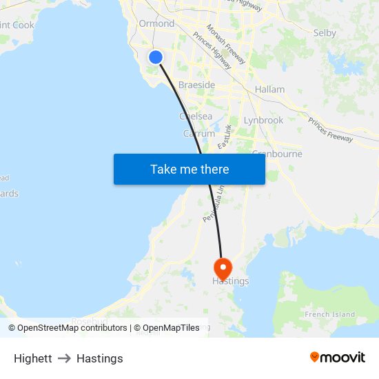 Highett to Hastings map