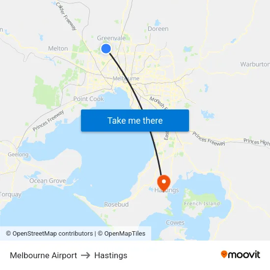 Melbourne Airport to Hastings map