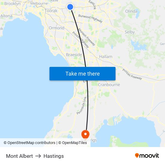 Mont Albert to Hastings map