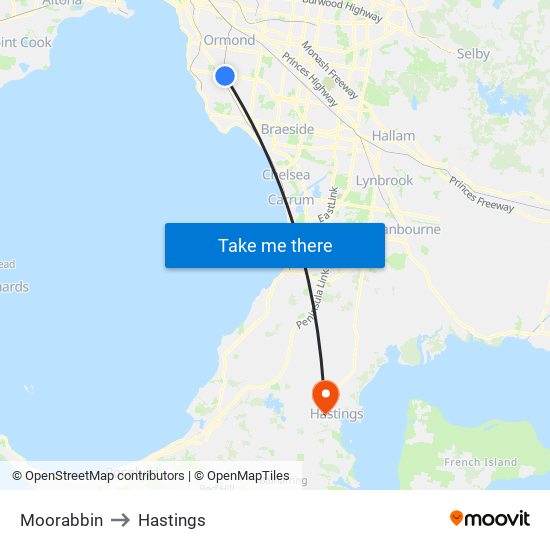 Moorabbin to Hastings map