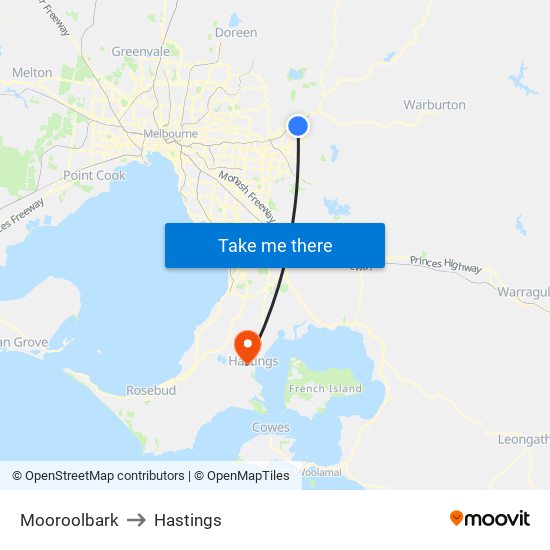 Mooroolbark to Hastings map