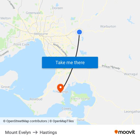 Mount Evelyn to Hastings map