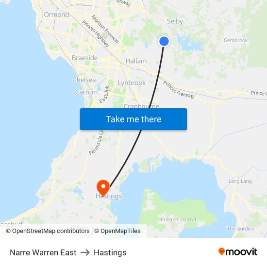 Narre Warren East to Hastings map