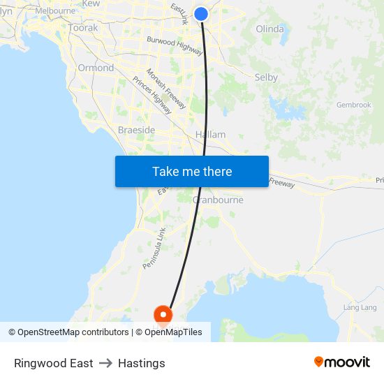 Ringwood East to Hastings map