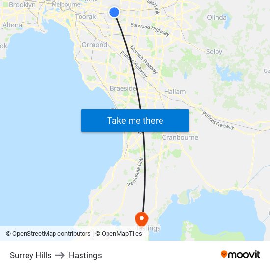 Surrey Hills to Hastings map