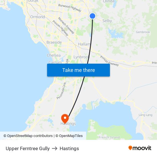 Upper Ferntree Gully to Hastings map