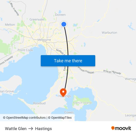 Wattle Glen to Hastings map