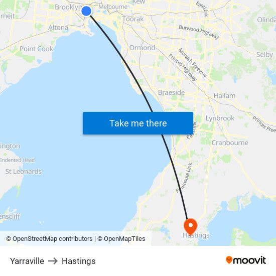 Yarraville to Hastings map