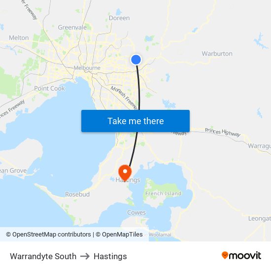 Warrandyte South to Hastings map