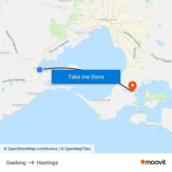 Geelong to Hastings map